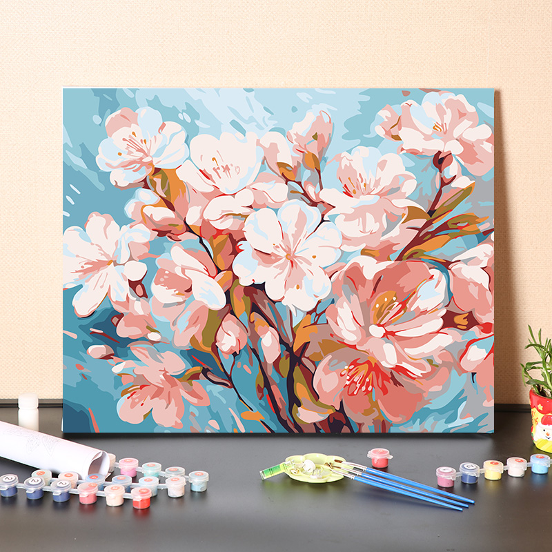 数字油画diy填充手工填色雅致桃花卉手绘客厅装饰涂色丙烯油彩画图片