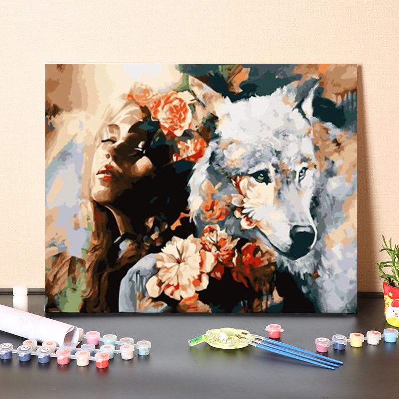 数字油画diy填充手工填色冰天雪地狼和美女风景丙烯装饰油彩画画