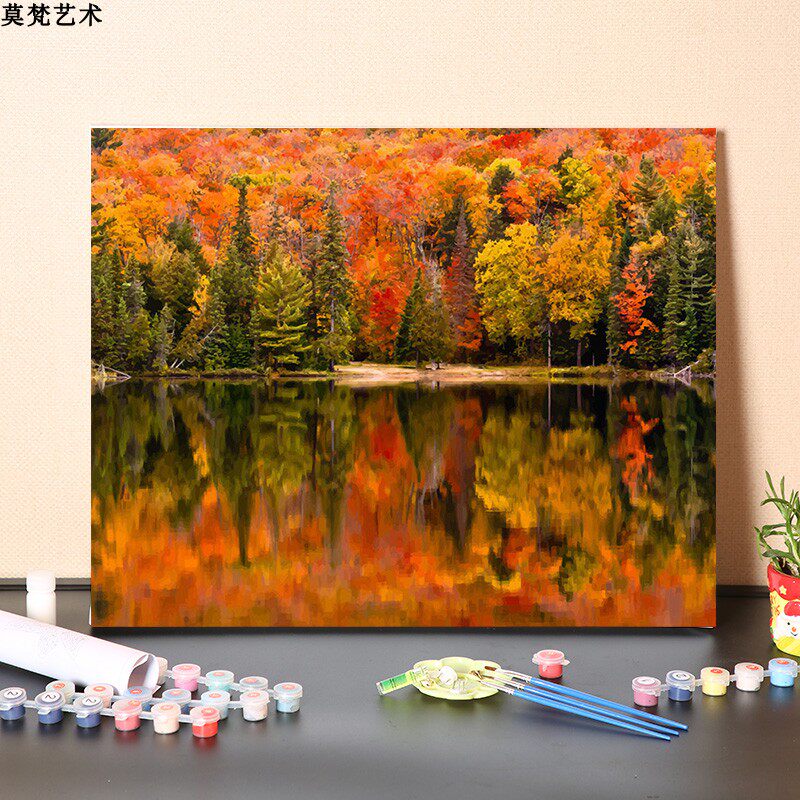 数字油画diy填充手工多彩的秋天森林风景画填色彩绘涂色油彩画画