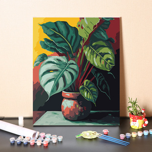 数字油画diy填充复古简约盆摘绿植手工填色客厅卧室装饰油彩画画