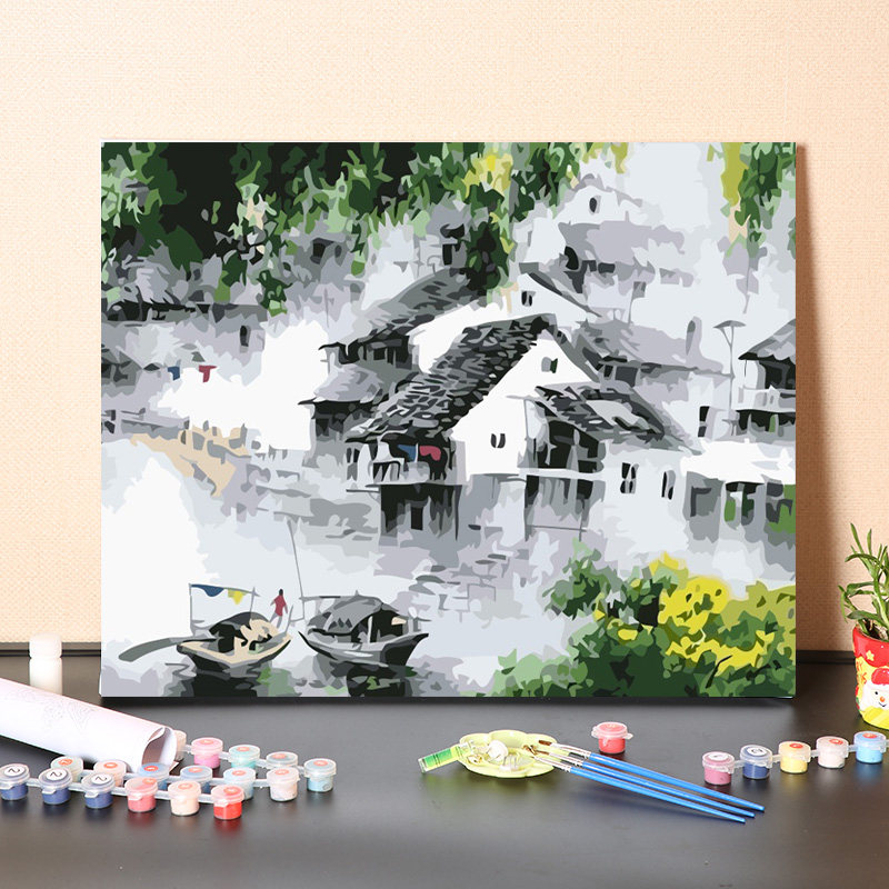 数字油画diy填充鱼米之乡手工填色烟雨江南小镇风景油彩丙烯画画