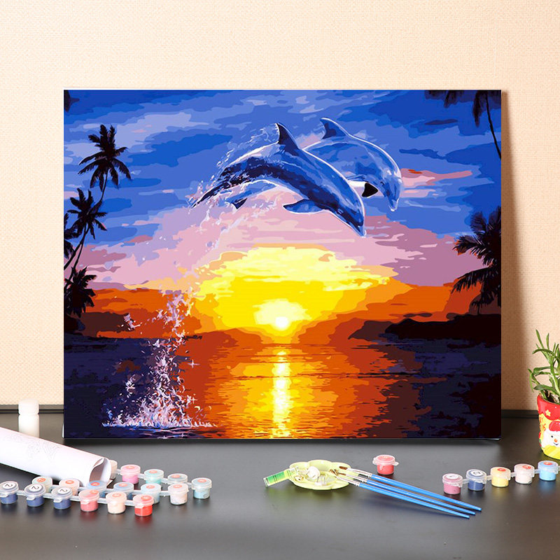 数字油画diy填充手工填色儿童动物治愈系海豚涂色装饰油彩画画
