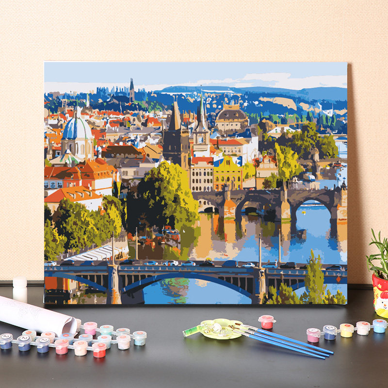 数字油画diy填充手工填色城市建筑手绘捷克城市风景油彩丙烯画画