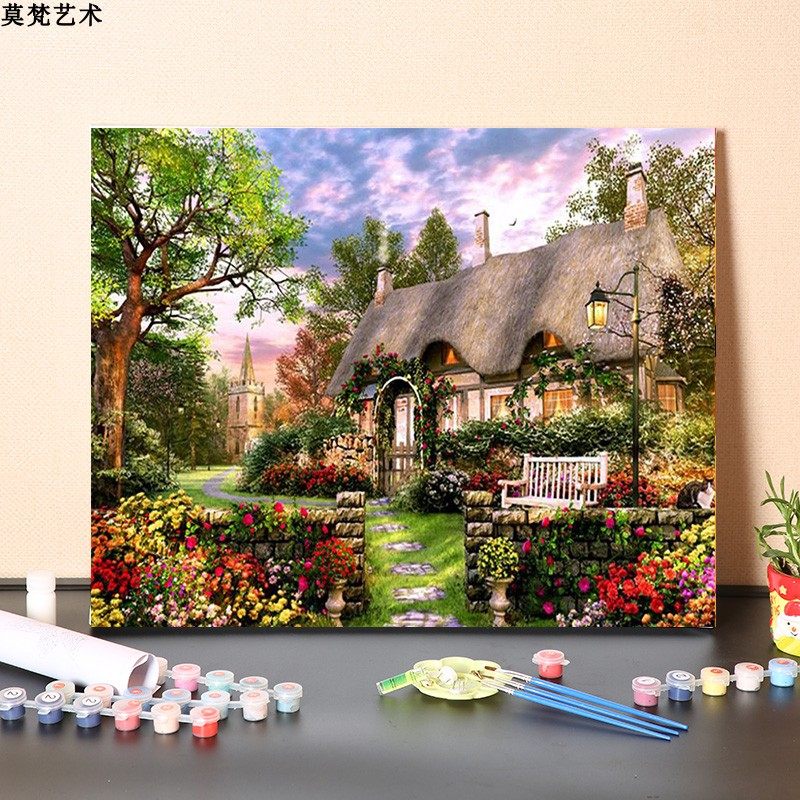 欧洲花园小院茅草屋数字油画diy