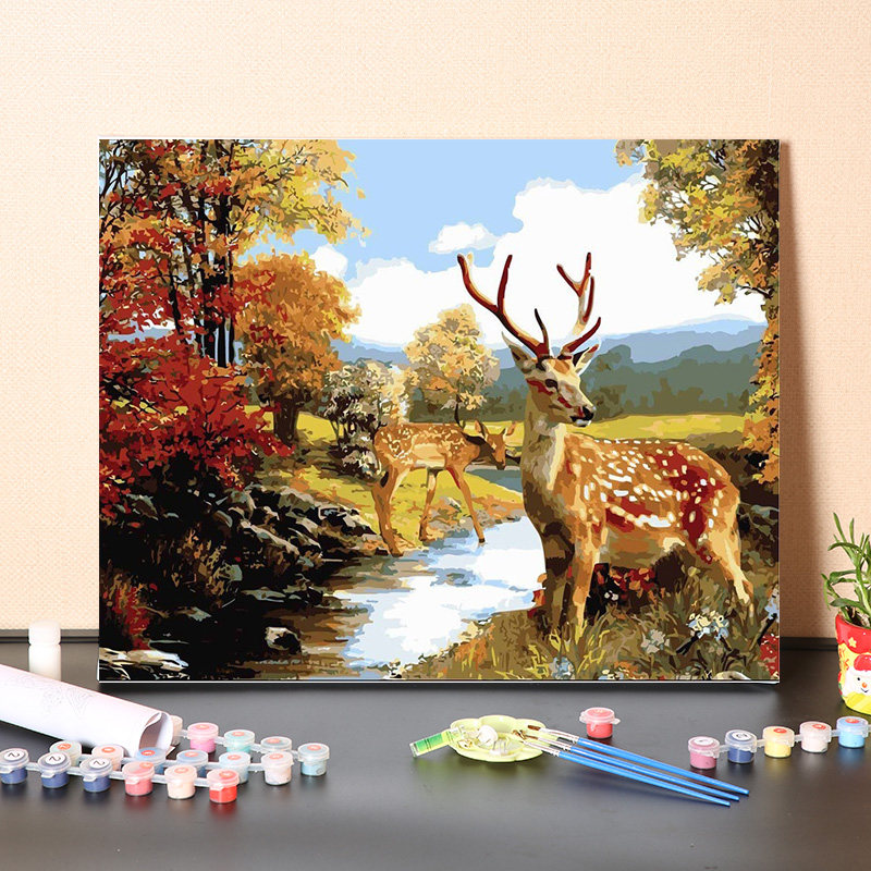 数字油画diy手工填充森林梅花鹿手工解闷手绘涂色装饰填色油彩画
