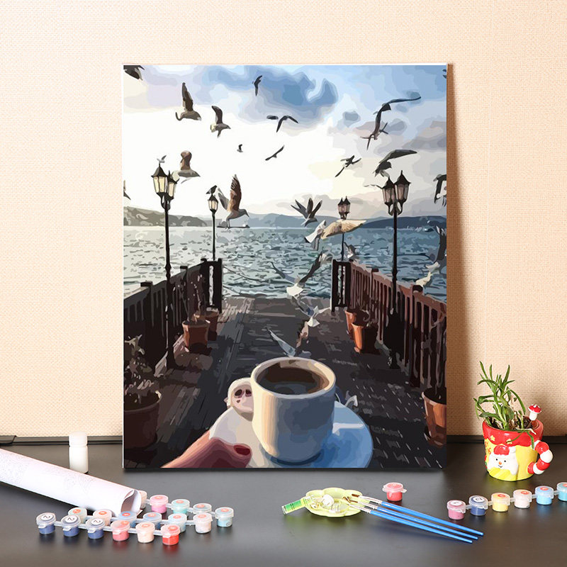 数字油画diy填充手工填色消磨时间海鸥客厅装饰画丙烯油彩画画