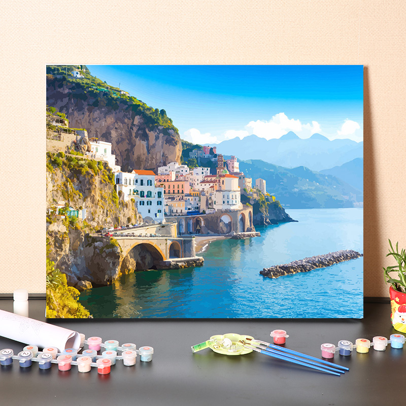 数字油画diy填充手工填色意大利阿玛菲海岸手绘风景油彩丙烯画画