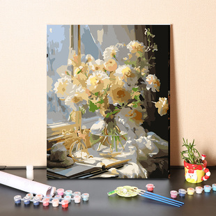 数字油画diy手绘填充简约窗台玫瑰花束解闷手工填色油彩丙烯画画