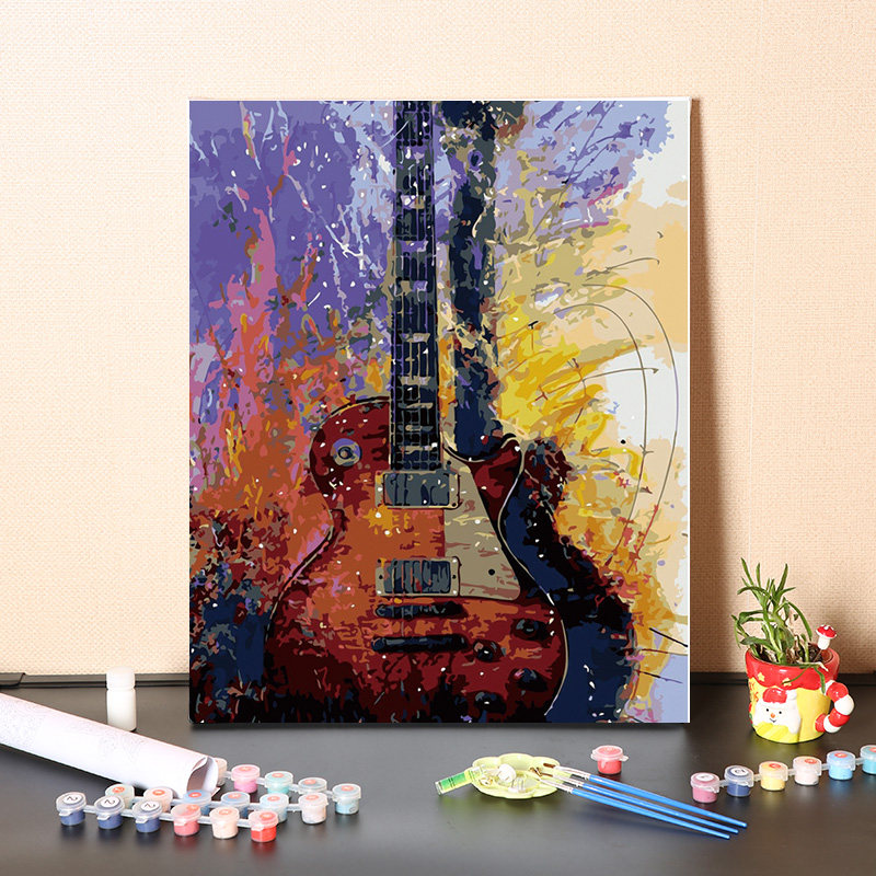 数字油画diy填充复古吉他卧室挂画简单手绘填色油彩画涂色丙烯画