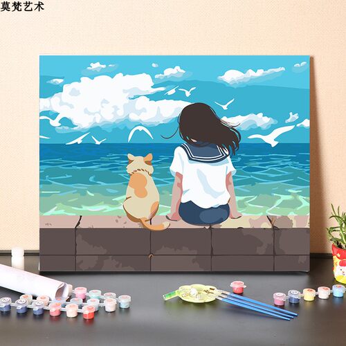 温馨女孩和小猫看日出数字油画
