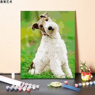 数字油画diy手工填充英国刚毛猎狐梗犬手绘涂色可爱小狗油彩画画