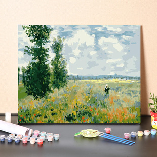 数字油画diy填充莫奈罂粟花田手工填色画画睡莲风景装 饰画油彩画