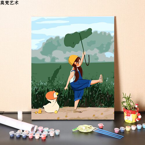 温馨田野边女孩和小鸭子数字油画