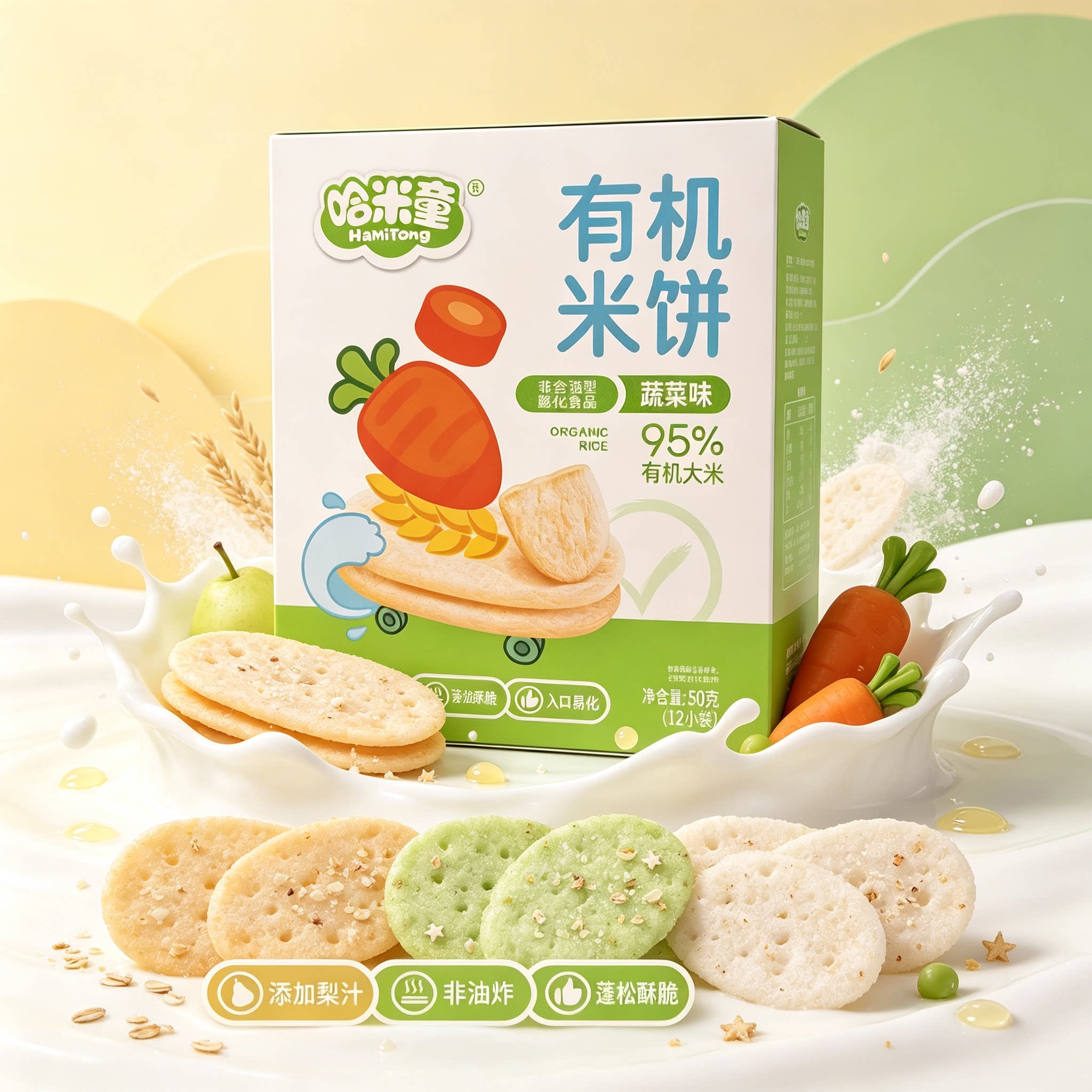 哈米童有机米饼蔬菜添加梨汁水果原味磨牙米饼酥脆易溶宝宝小零食