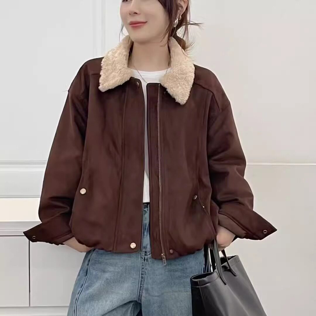 2025秋冬麂皮绒外套女士加厚保暖棉衣棉服美式复古短款夹克毛领