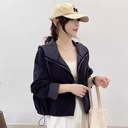 特价处理高端欧货秋高级感时尚格子拼接连帽抽绳拉链卫衣开衫外套