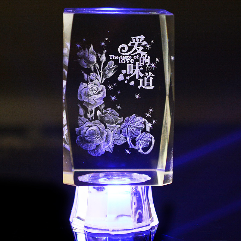 方形水晶闪光摆件 韩版带祝福语玫瑰花图案 学生情侣礼物一件代发