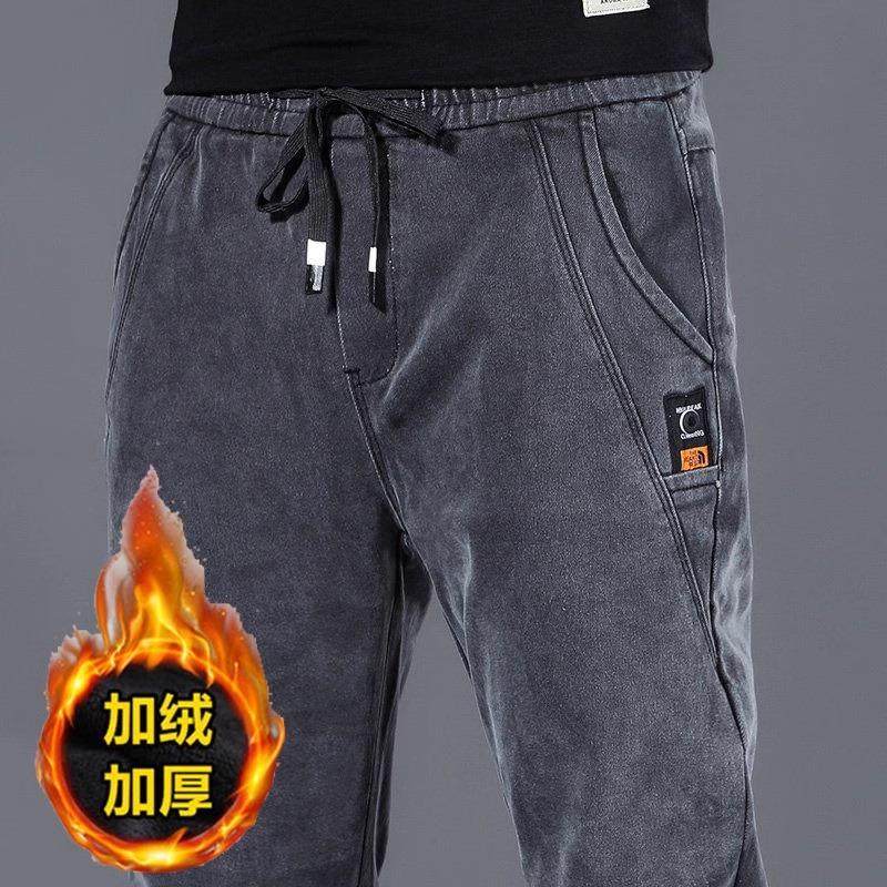 外贸订单撤回秋冬季加绒松紧腰牛仔裤男宽松直筒潮牌百搭休闲长裤