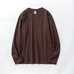 T恤男女全棉宽松 二本针250g重磅咖啡棕色纯棉圆领长袖 小白家