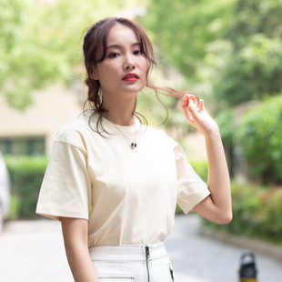 【小白家】浅黄色杏色重磅纯棉短袖圆领t恤男女小清新全棉打底白T