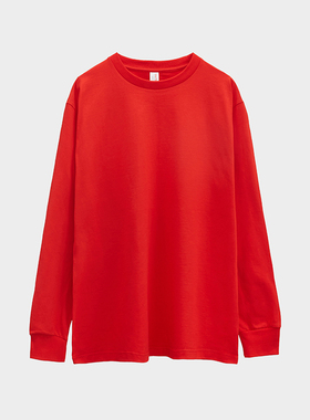 大红色250g全棉重磅纯棉圆领长袖T恤男女不透打底衫叠穿内搭大码T