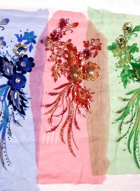 蓝色网纱刺绣亮片立体花朵亮钻布贴贴花舞台表演服饰辅料