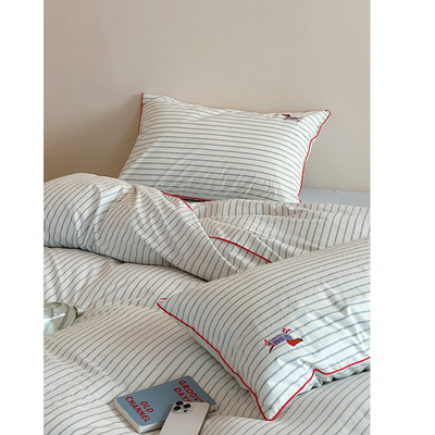 阿旺利普斯/ins设计师款小狗刺绣条纹水洗棉床单四件套全棉被套