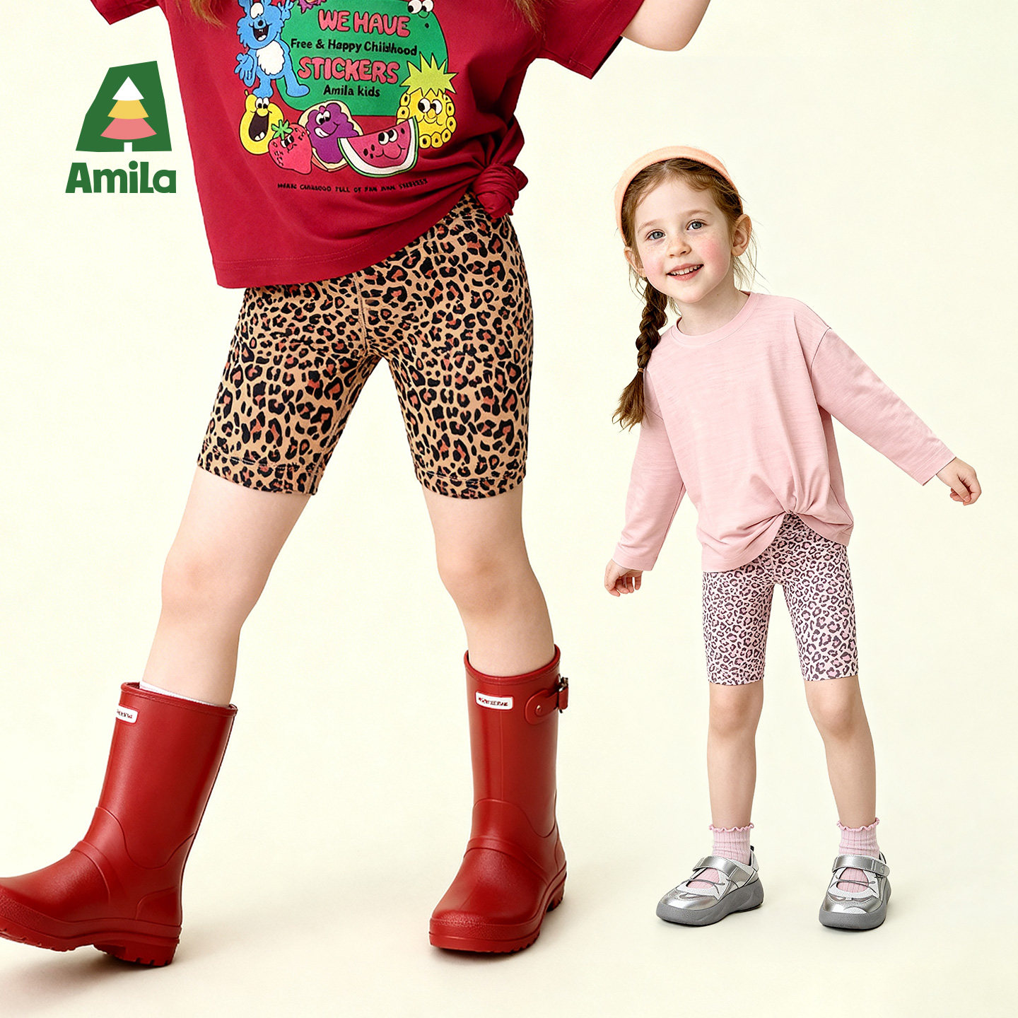 Amila女童夏季豹纹打底短裤薄款儿童透气五分中裤外穿小孩安全裤