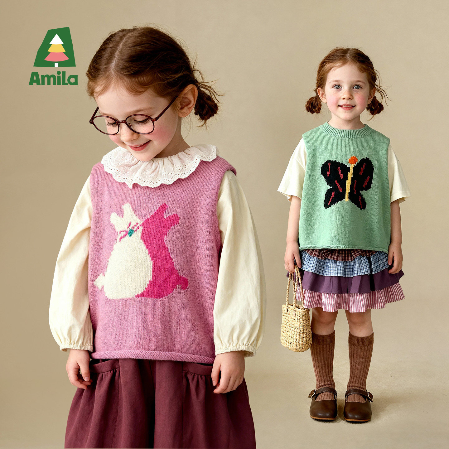Amila女童毛衣马甲春款儿童宝宝针织背心坎肩小女孩春装上衣洋气