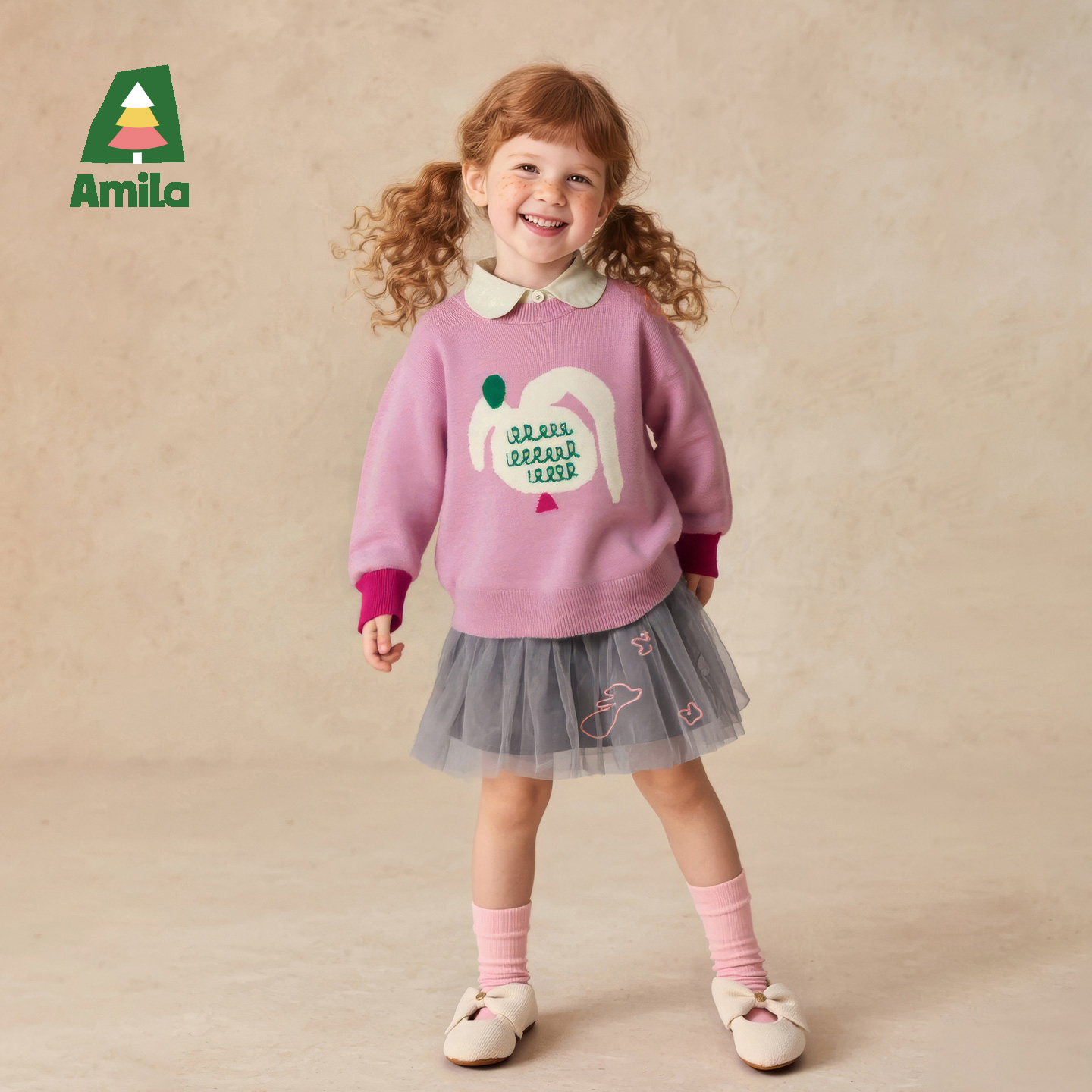 Amila女童绵羊毛针织衫秋冬款儿童宝宝套头毛衣圆领小孩洋气上衣