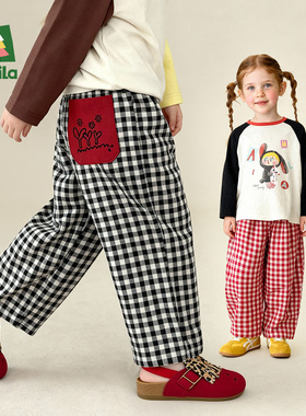 Amila女童格子休闲裤春秋款儿童宝宝纯棉直筒长裤子宽松小孩洋气