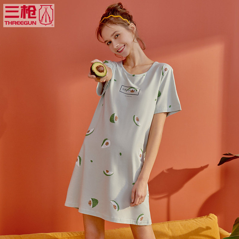 三枪睡裙女 家居裙睡衣夏水柔棉圆领短袖女士起居裙印花纯棉70339
