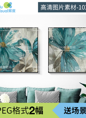 美式复古手绘油画蓝色花朵肌理正方形装饰画素材高清图片