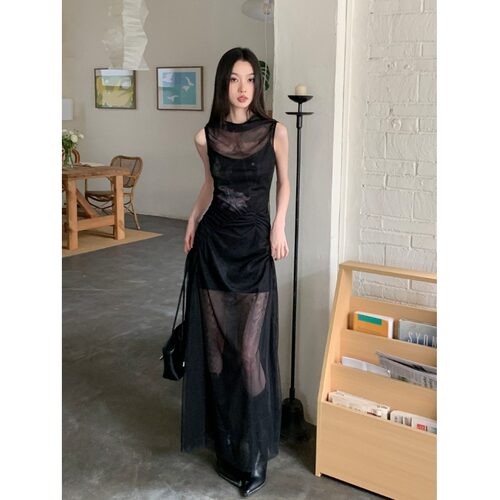 黑色优雅网纱修身显瘦开叉连衣裙女抽褶裙子中长款