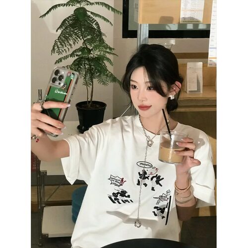 纯棉精梳棉印花字母短袖上衣宽松