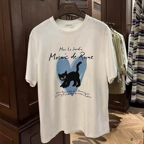 韩国东大门复古小众爱心猫咪印花短袖T恤女白色宽松纯棉休闲上衣