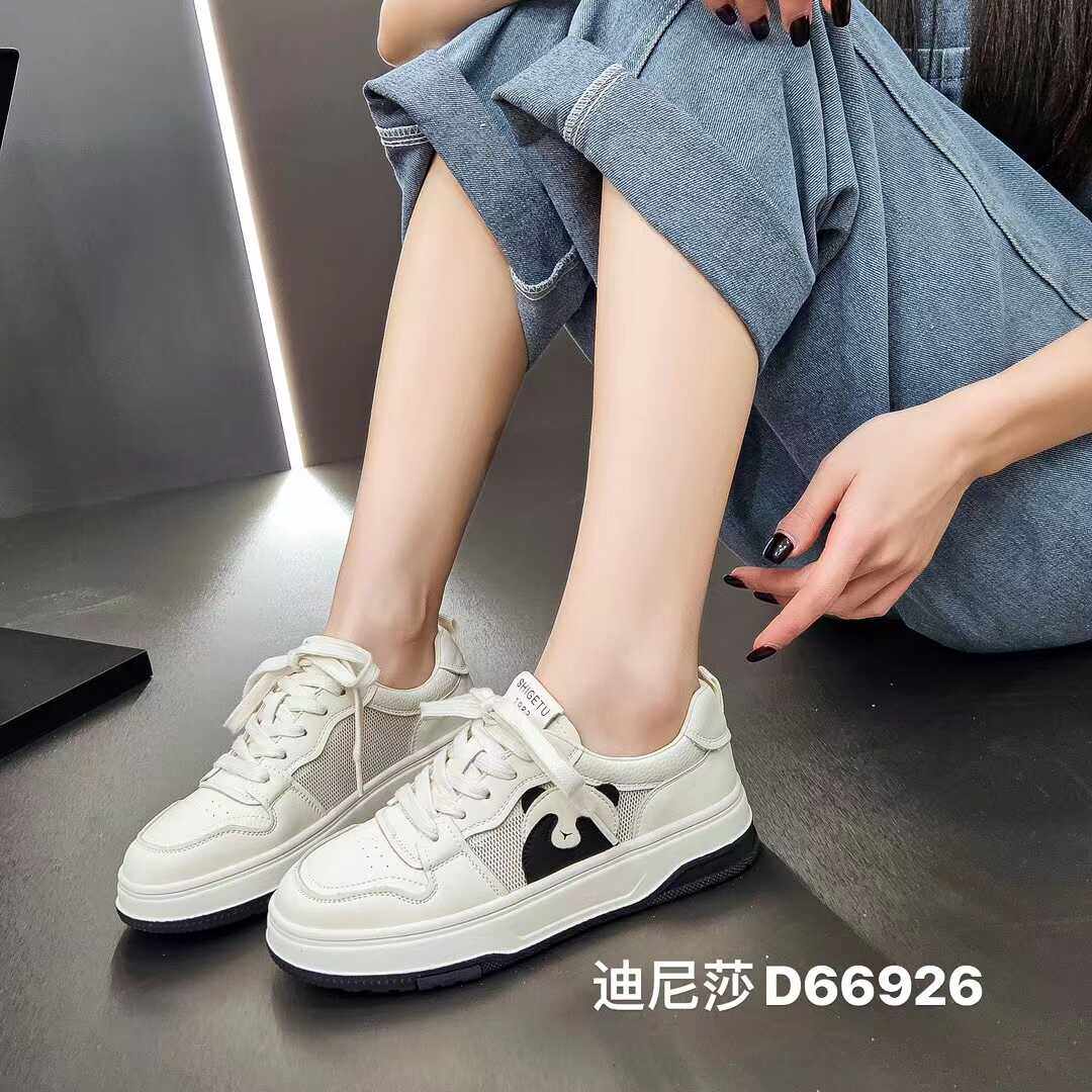 迪尼莎2024年春季新款平板休闲板鞋百搭款牛皮配网系带女鞋 66926