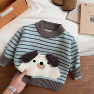 男童毛衣加绒厚韩版新款冬季中小儿童上衣针织衫条纹洋气内搭线衣