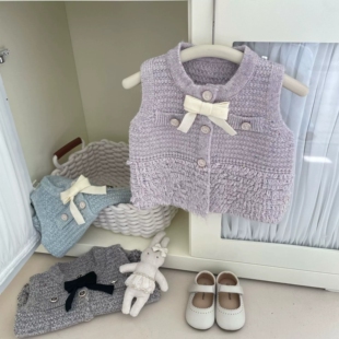 蝴蝶结小香风女童针织马甲外穿中小童坎肩宝宝上衣婴儿童背心毛衣