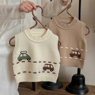 2025新款儿童马甲春秋毛衣婴儿针织男童外穿背心宝宝卡通小汽车
