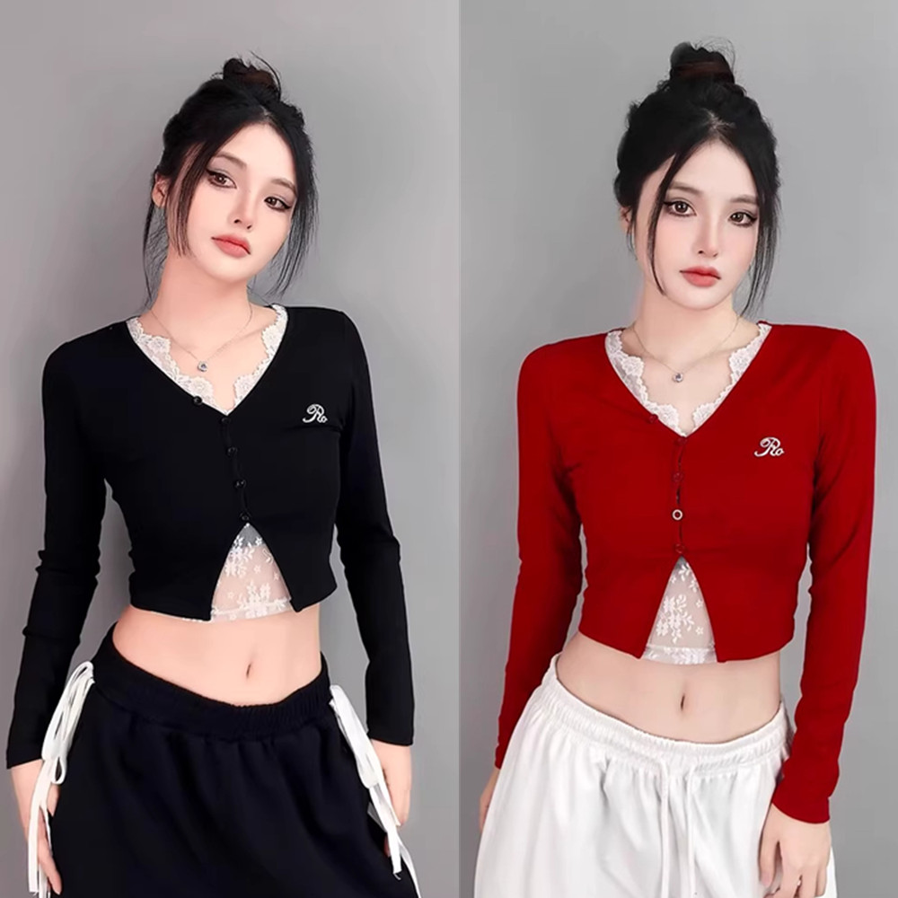 短款蕾丝假2件女长袖 爵士街舞hiphop花边T恤休闲跳舞修身上衣