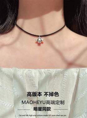 S925纯银玉桂狗黑色皮绳项圈