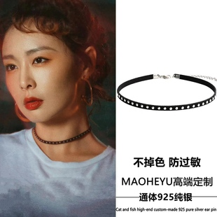 不掉色S925纯银黑色朋克皮绳项圈女choker高叶大嫂同款项链颈链潮