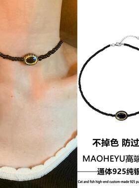 S925纯银新中式黑金串珠项链女锁骨链小众设计气质百搭个性颈链潮