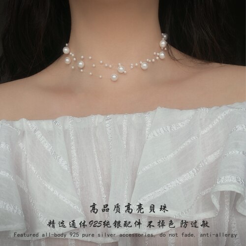 s925银鱼多颗珍珠项圈颈链女