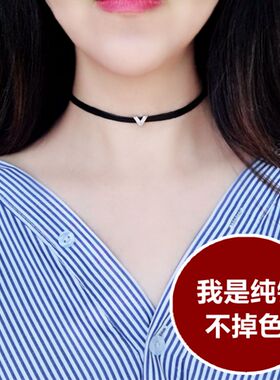 925纯银字母皮绳项链 女网红同款choker项圈颈带脖子饰品脖链简约
