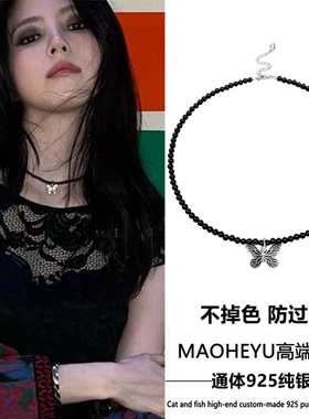 不掉色S925纯银韩素希同款蝴蝶黑玛瑙项链女锁骨链小众设计甜酷潮