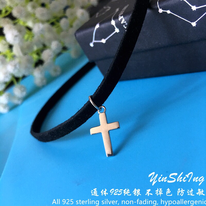 925纯银十字架项圈女choker颈带颈链锁骨链短款日韩朋克个性学生