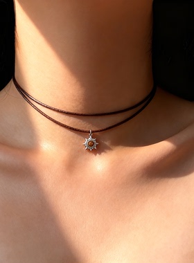 通体S925纯银美拉德虎眼石咖色双层皮绳项圈女choker颈链小众设计