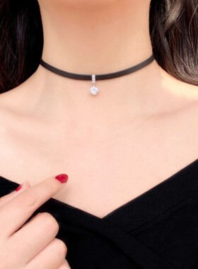 不掉色S925纯银镶钻锆石黑色皮绳项链女choker项圈小众设计颈链潮
